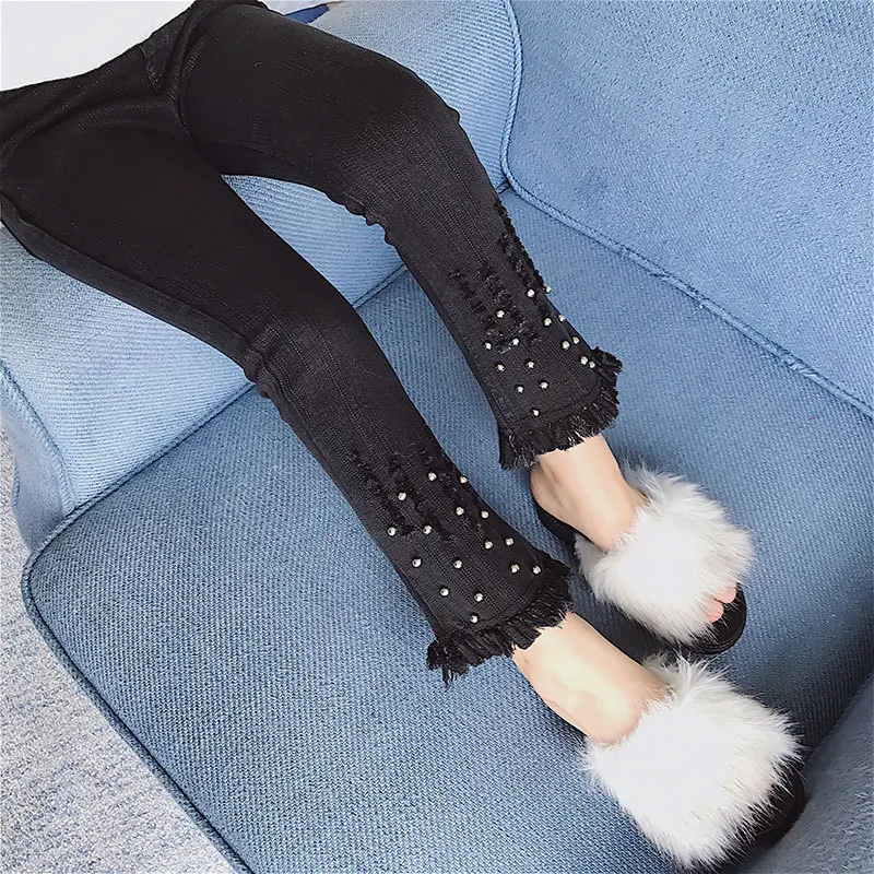 Джинсы детские зимние эластичные бархатные с бахромой и бисером|Брюки| |