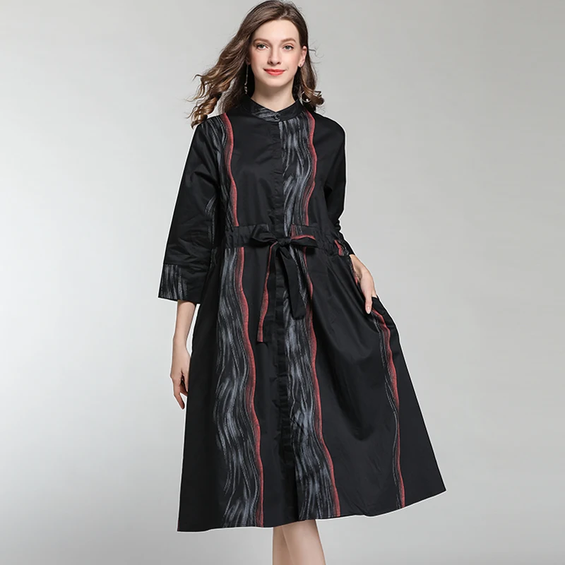 

2019 spring design cotton blouse dress plus size striped bow waist women oversized casual loose long dresses black/red/khaki