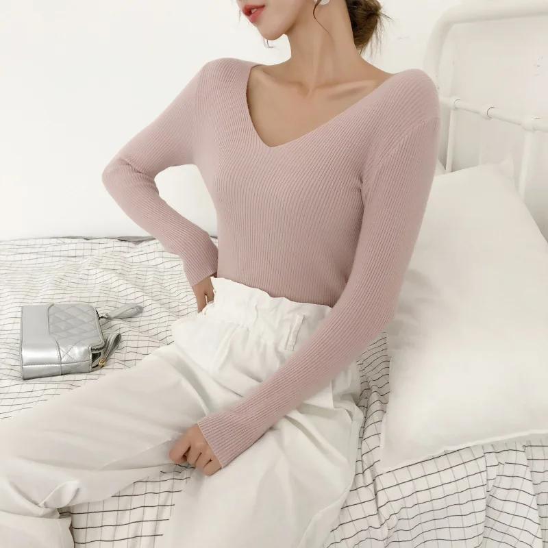 Gplus, Женский вязаный свитер, сексуальный, v-образный вырез, длинный рукав, свитера для женщин, тонкий, осенний, Повседневный, корейский стиль, пуловер для женщин