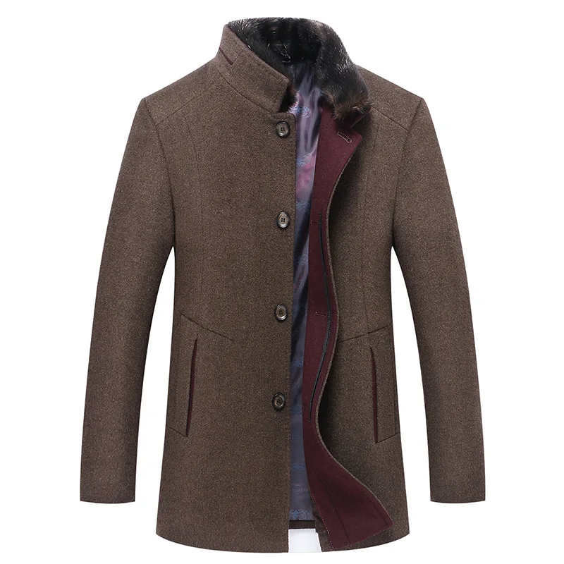 Зимняя мужская мода, высокое качество, шерстяные куртки, Тренч, мужское однобортное пальто, воротник-стойка, ветровка, шерстяное пальто