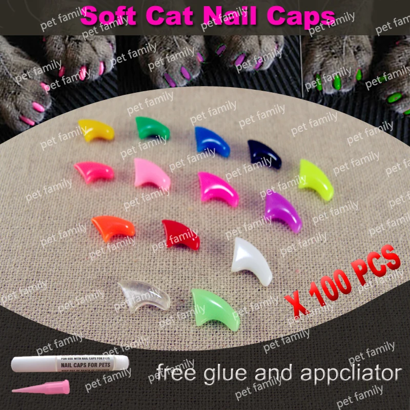 100pcs / lot Cat Nail CapsSoft Nail Protector soft cat pawControl Pets Silicon Nail caps  with free 5Adhesive Glue + 5Applicator 2
