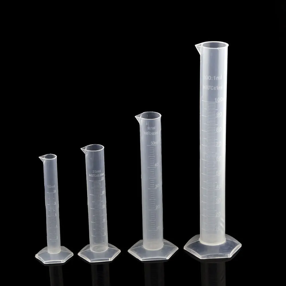 4 Piece Set- Plastic Graduated Measuring Cylinders, 10ml, 25ml, 50ml & 100ml