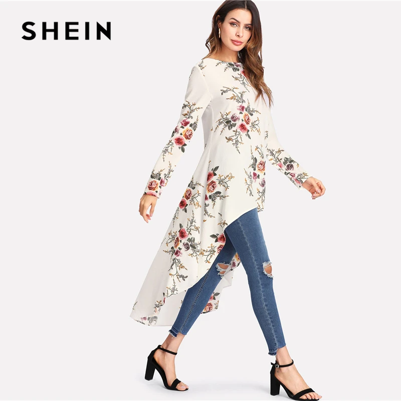 SHEIN Модный Асимметричный Топ С Цветочным Принтом Женские Летние Блузки С Цветочным Принтом С Длинным Рукавом Для Отдыха