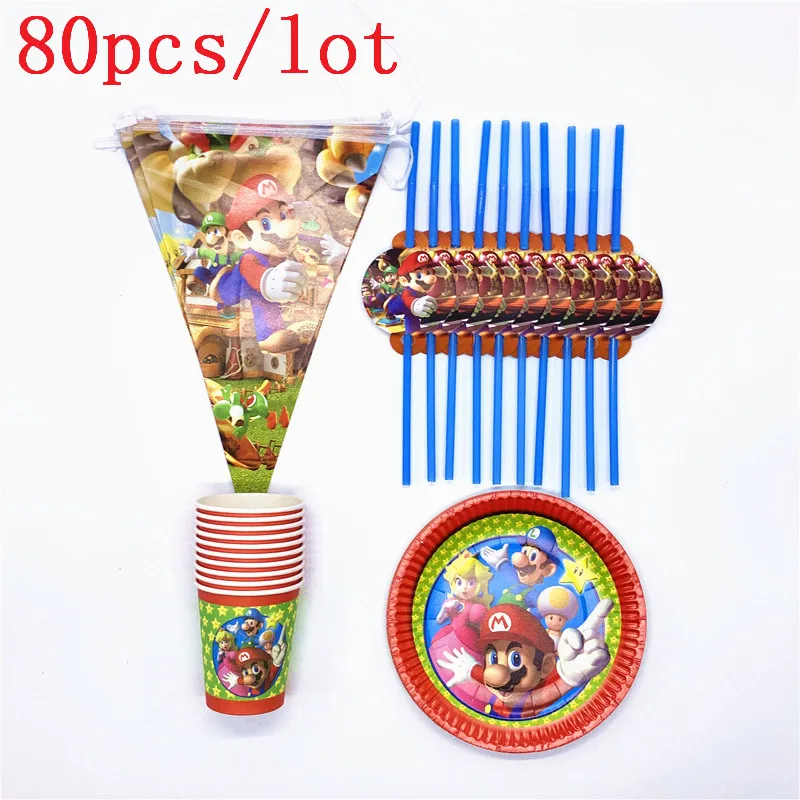 

80Pcs Super Mario Game Theme Paper Cups+Plates+Flags+Straws Girl Birthday Party Baby Shower Decoration Party Supplies
