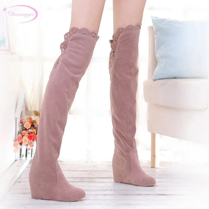 

Chainingyee casual style round toe nubuck over knee high boots lace yellow black brown pink middle heel women's riding boots