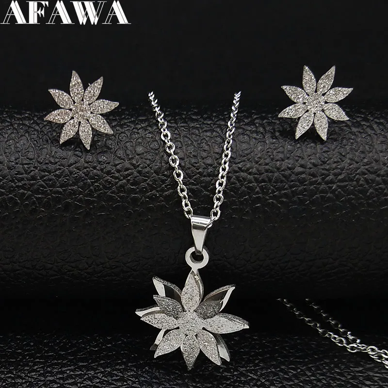 

2019 Flower Stainless Steel Earrings Necklace Sets Women Double Layer Silver Color Jewellery Sets set de aretes y collar S178720