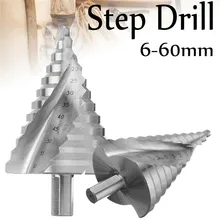 12 Step Cone Drill Bits Hole Saw Cutter Bit Set 6-60mm Spiral Groove HSS Cone Titanium Shank Drill Bit Set For Woodworking