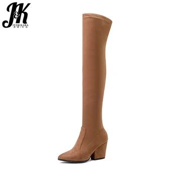 

JK Latest Fashion Stretch Over Knee Boot Women Pointy toe Thick High Heels Shoes Winter Sexy Lady Thigh High Boot Big Size