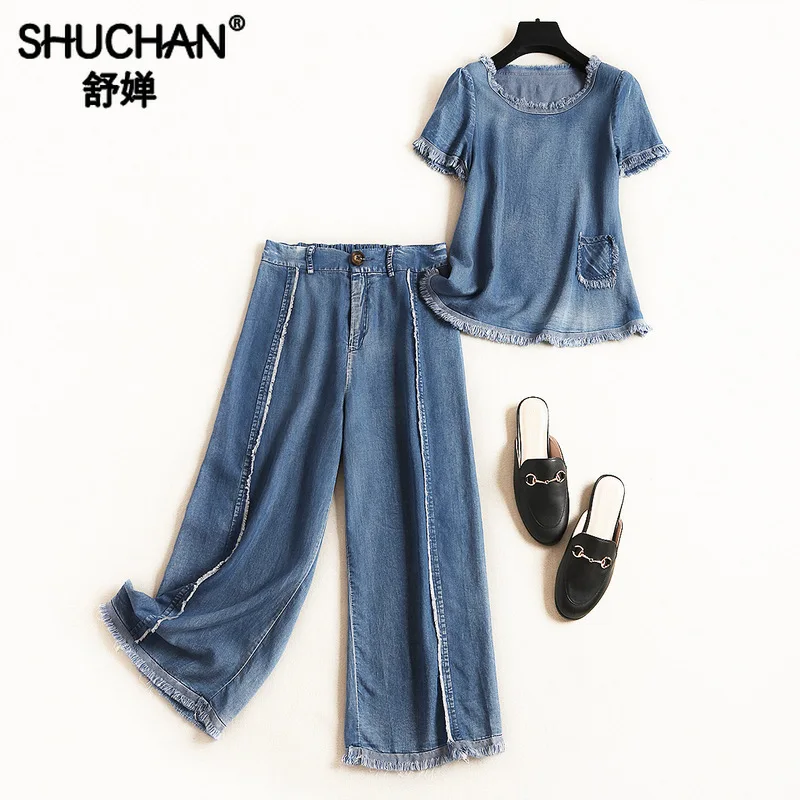 

Shuchan Summer Women's Suits Denim Two Piece Set Top and Pants Ensemble Femme Deux Pieces Womens Matching Sets Fashion 11862