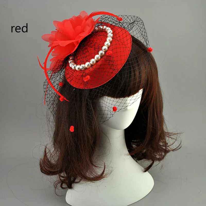 E JUE SHUNG Bridal Net Feather Hats White Red Black Birdcage Net Wedding Hats Bridal Fascinator Face Veils Pearls bride