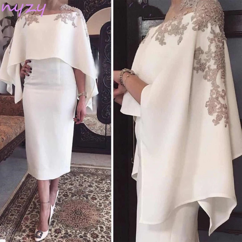 

NYZY M14 Vintage 50s 60s Lace Appliques Beaded Cloak Sleeves Tea Length Italy Satin 2019 Robe de Cocktail Dresses with Cape