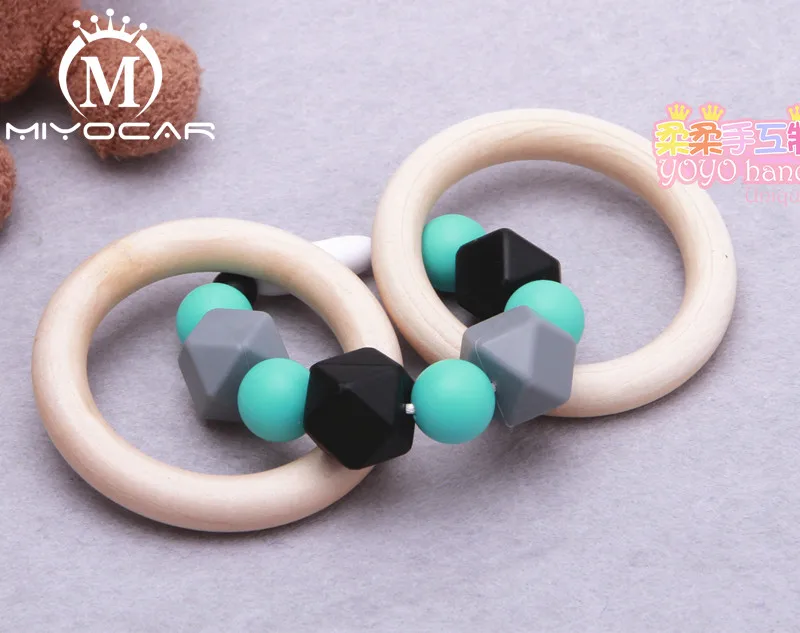

MIYOCAR Turquoise Wooden Teething Ring Teething Beads Baby Teething Toy Silicone Teething Ring