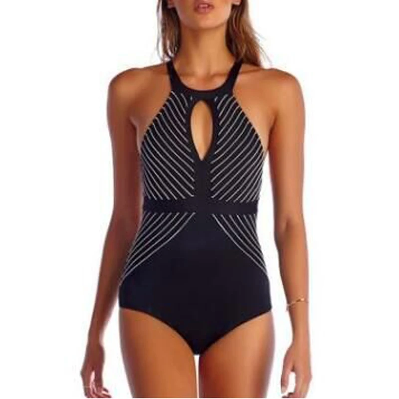 

2017 Female Sexy Backless Swim Wear Bathing Suit Striped Sports Monokini Bodysuit Women Beach One Piece Swimsuit Halter Swimwear