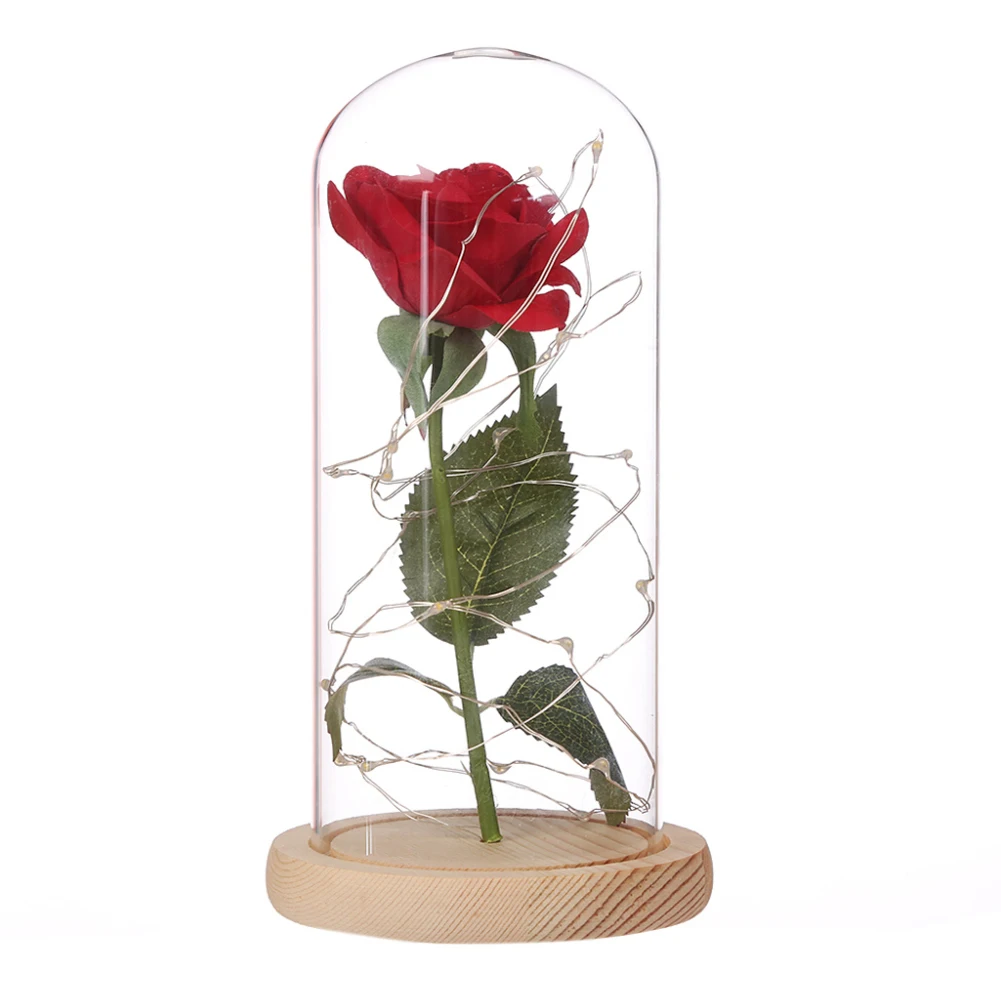 Стеклянный купольный светильник, Шелковый кунжут, Искусственный цветок розы, светильник s, светодиодный светильник, струны, сохранены на деревянной основе, подарок на день Святого Валентина - Цвет: Beige base