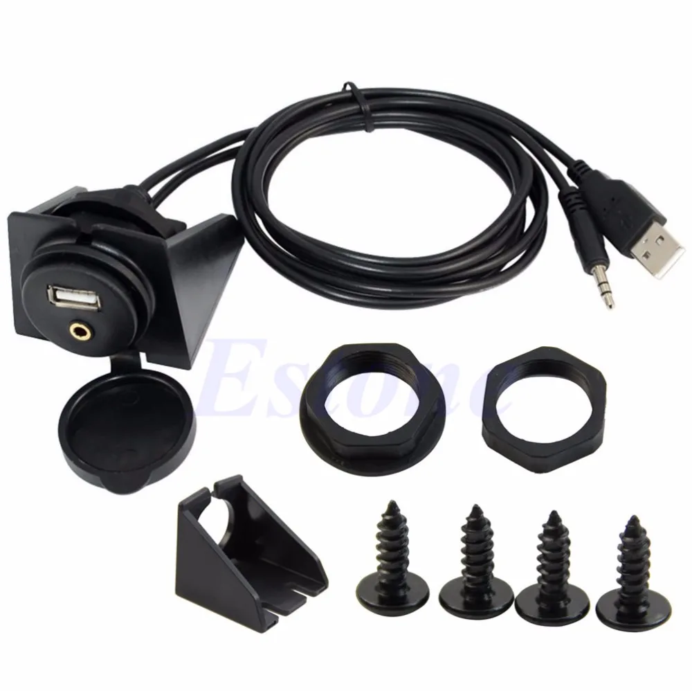 

New 1 Set Car Dashboard Moto Flush Mount Panel USB 2.0 M/F 3.5mm AUX Lead Extension Cable Universal