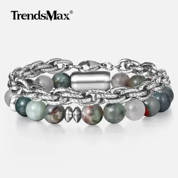 

Trendsmax Fashion 2Pcs/Set Men Bracelet Stainless Steel Blood Stone Beaded Bracelets Cable Link Chain for Male Jewelry DLBF40
