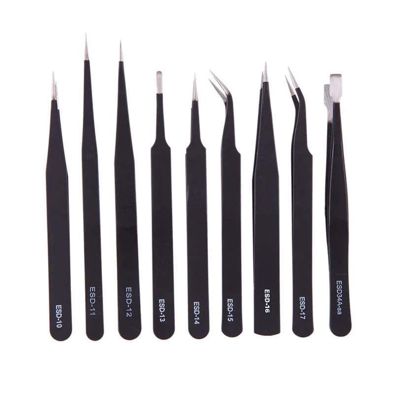 

9pcs ESD Anti-static Stainless Steel Tweezers Precision Repair Tool Kit for Mobile Phone Watches Repairing Picking Tweezers Set