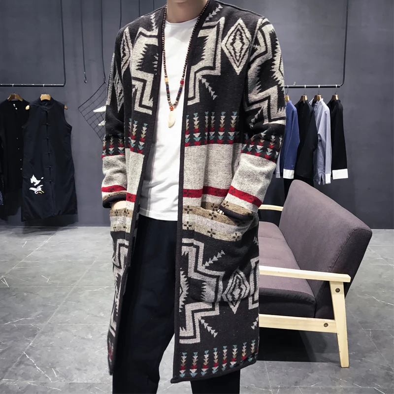 Spring Thin Knitting Trench Mens Printed Pocket Open Stitch Straight Casual Pattern Mens Trench Fashion