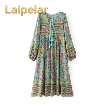 

Laipelar Vintage Hippie Robe Dress Sexy Deep V Lacing Tassel Boho Floral Print Ethnic Dressses 2018 Brand Women Party Dress