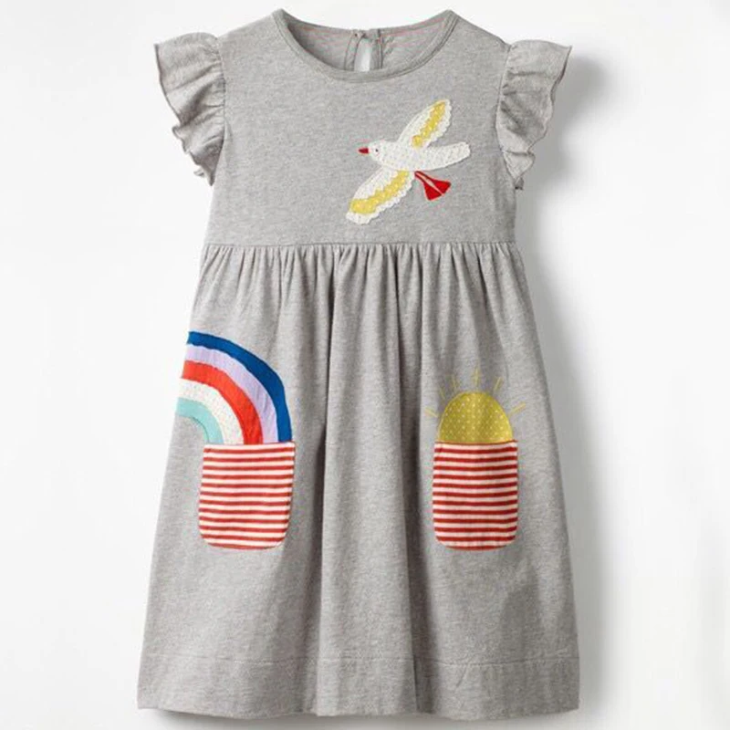 

Children Dresses Grey Casual Summer Puff Sleeve Rainbow Pattern Knee-Length Baby Girl Clothes Cotton Straight Kids Clothing