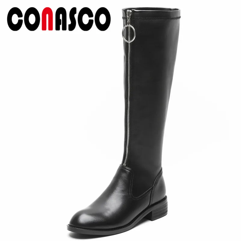 

CONASCO Fashion Brand Knee High Boots Genuine Leather High Heels Long Warm Winter Shoes Woman Motorcycle Boots High Boots
