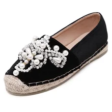 2016 Women loafer Round Toe espadrilles Pearl Comfortable Hemp Bottom Frisherman Shoes Spring Autumn Slip On Zapato Mujer Black