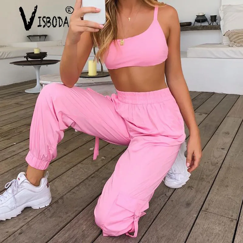 Online Chándales de mujer conjunto de 2 piezas de neón Rosa recortado superior pantalones sueltos moda femenina verano Casual con cordones Halter pantalones sin mangas traje