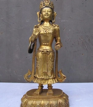 

xd 001481 10"Tibet Buddhism Temple Pure Bronze 24K Gold stand kwan yin Buddha Statue