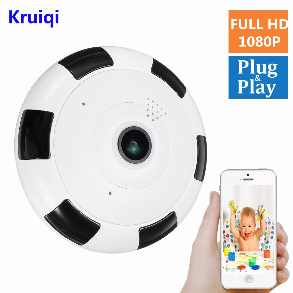 Kruiqi Wifi IP камера 1080 P 2.0MP 360 градусов панорамная рыбий глаз беспроводная камера безопасности для помещений с ночным видением, двухстороннее аудио