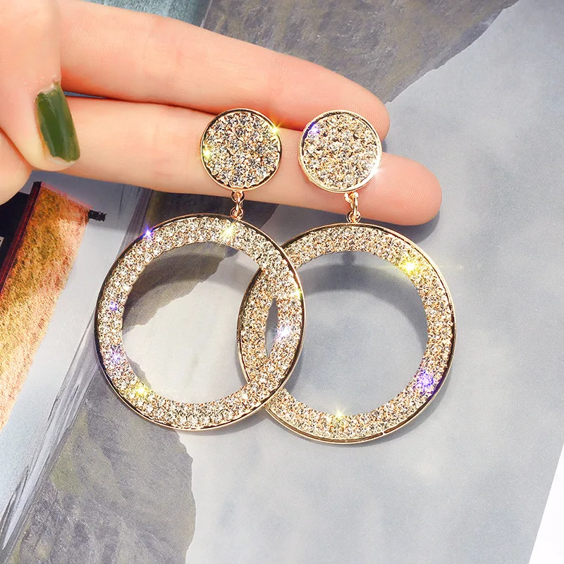 Fashion Shining Circle Earrings Precision Inlay Gold Silver Color Rhinestone Earrings for Women Wedding Party Jewelry