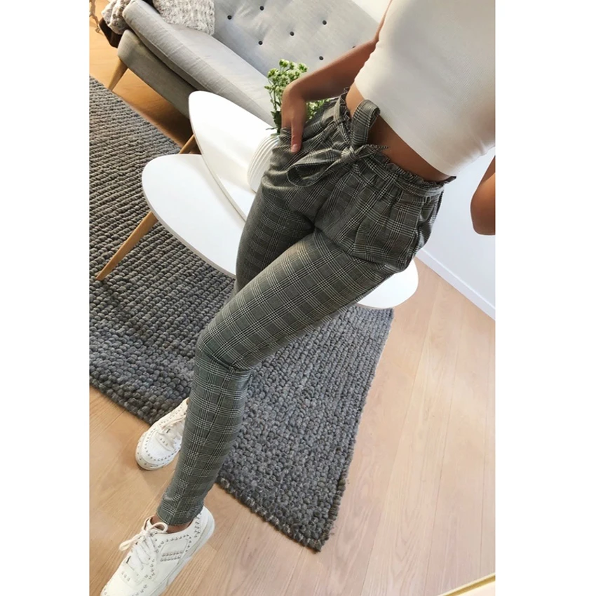 

2019 New casual elegant Houndstooth plaid pants pockets retro office lady wear casual fashion with sash trousers mujer