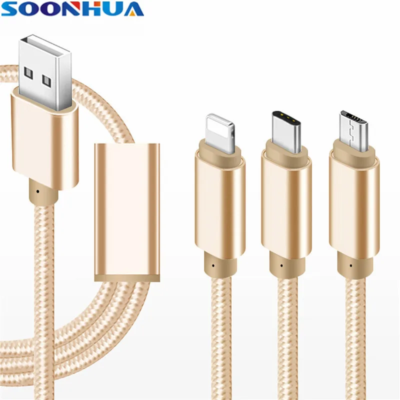 

SOONHUA 3 In 1 Nylon Weaving Thread 1.2m Charging Cable Micro USB Type C 3 Port Intelligent Data Cable For iPhone Samsung Xiaomi