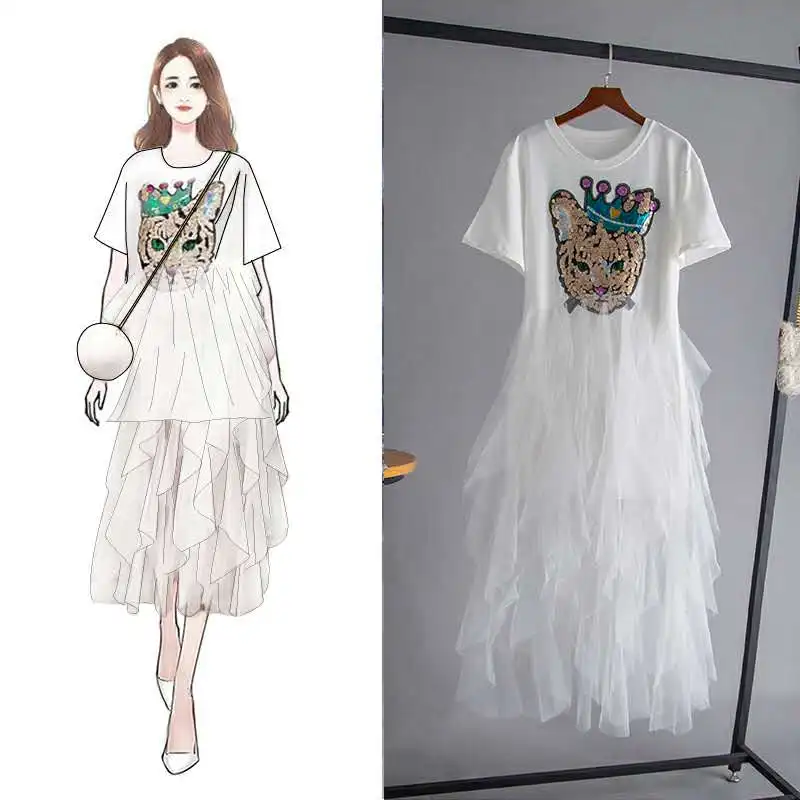 

2019 summer women clothing splicing Sequined dress cartoon o neck short sleeve empire trumpet Tulle Ruffles dress DR911
