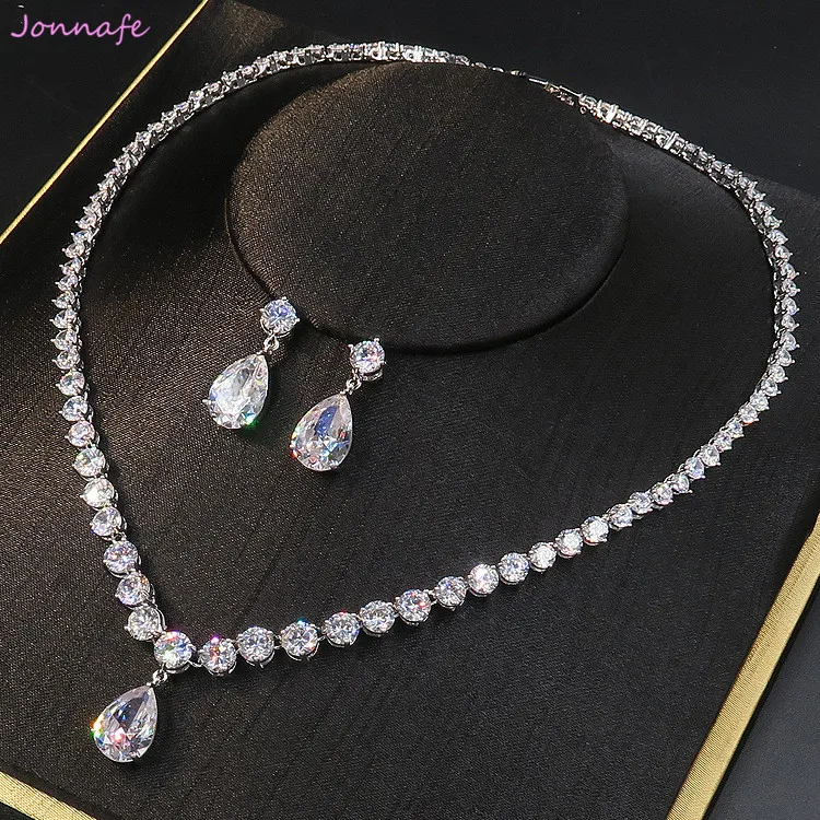 

Jonnafe Shine AAA Zircon Bridal Jewelry Sets Women Pageant Prom Necklace Earrings Set Wedding Accessories