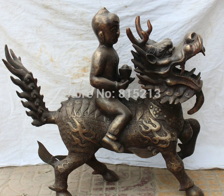 

bi0011696 24" Chinese Fengshui Bronze Boy lad Ride Dragon Kylin Beast Yuanbao Cai Statue