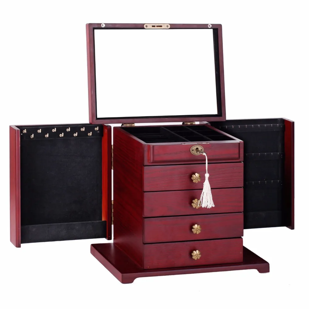 

2018 Extra Large Jewellery Wooden Boxes Wine Ring Earings Display Wood Flower Pattern Mirror Cabinet 5 Layers Luxury Organizer