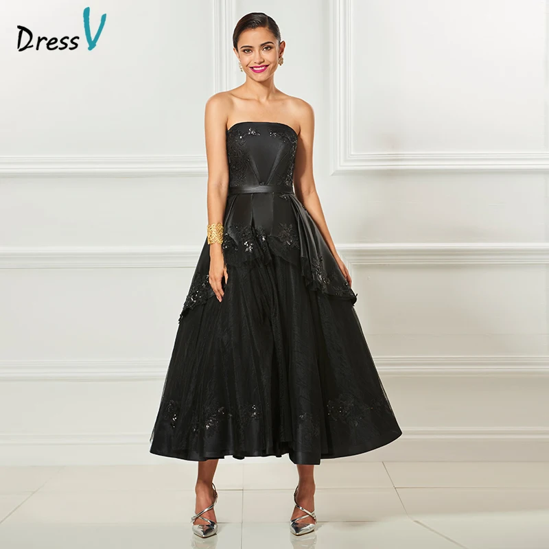 Dressv черное коктейльное платье без бретелек элегантное с аппликацией рукавов