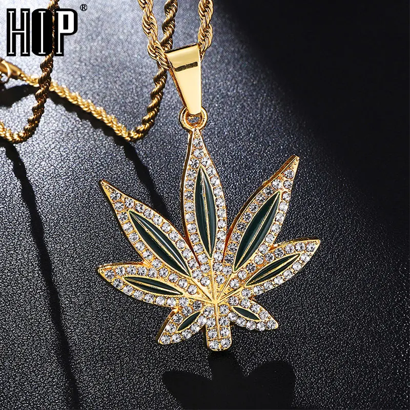 

HIP Hop Full Rhinestoned Leaves Bling Iced Out Rope Chain Pendants & Necklaces for Men Jewelry Gold Color
