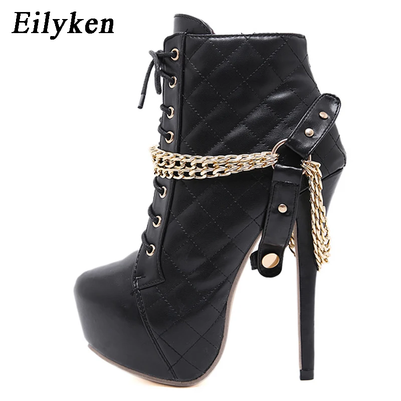 Eilyken; коллекция года; сезон осень-зима; модные женские ботинки для верховой езды на очень высокой платформе; ботинки для верховой езды; женские туфли-лодочки с заклепками и цепочкой