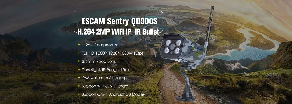 ESCAM Sentry QD900S 2MP full HD Network IR-Bullet Camera DayNight IP66 onvif 2.2 1080p Camouflage wireless waterproof ip camera (12)