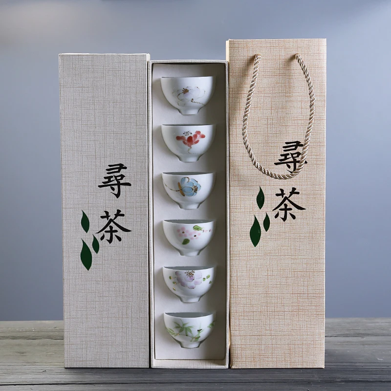 

6Pcs Hand Painted White Porcelain TeaCups Delicate Hand Made 50ml Chinese Tea Cup Kung Fu Tea Set High Quality Ceramic Tea Bowl