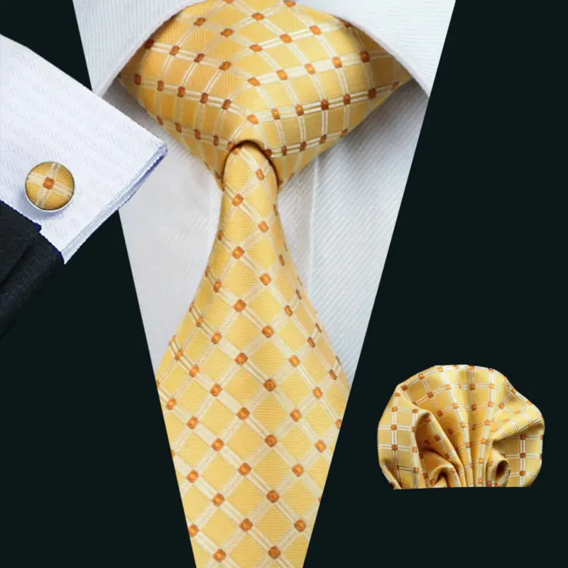 LS-437 горячая новинка мужской галстук шелк желтый клетка, жаккард тканевый Галстук+ Hanky+ набор запонок для формальной Свадебная деловая вечеринка