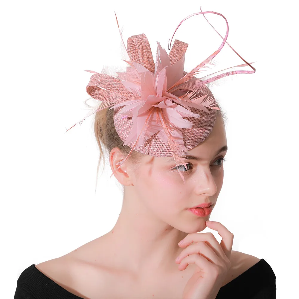 

Ladies Feathers Wedding Peach Fascinator Hats With Headbands Elegant Women Derby Headwear Show Event Hair Accessories XMF133