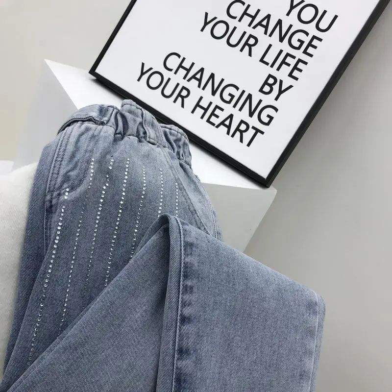 Pantalon Étudiants Chaude Déchiré Ciel Bande Printemps Pu Femme Lâche Mode Jeans Verticale Taille Nouvelle 2019 Denim Détendue forés Casual 0aEgR