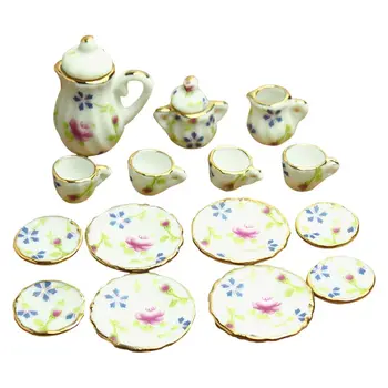 

Dollhouse Miniature 1: 12 Toy 17 pcs Flower Pattern Porcelaine Tea set