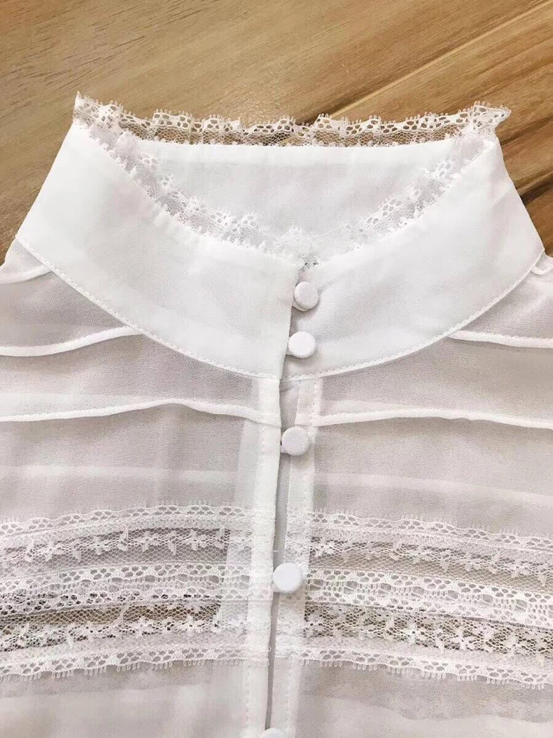 Sólido Ziwwshaoyu Verano Manga Nuevo 2019 Camisa Mujeres Seda De Empalme Puff Encaje Y Temperamento Beige Soporte Blusa Elegante Primavera rZRqHwYr