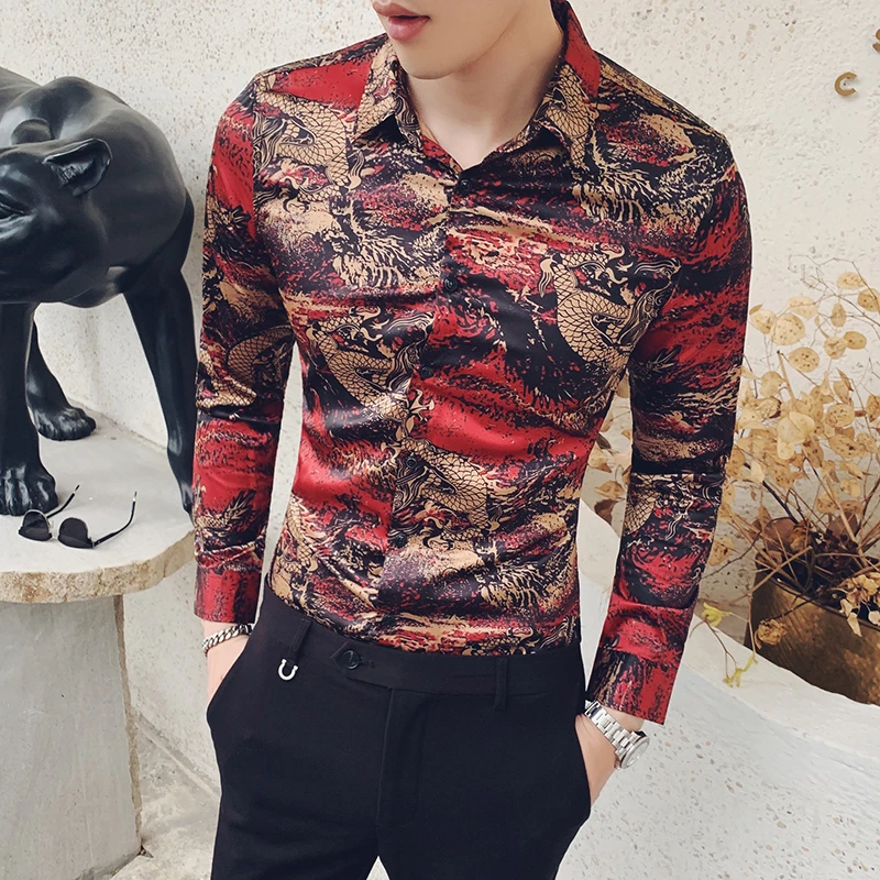 

Casual Shirts 2019 Autumn Chinese Style Dragon Printing Shirt Man Long Sleeve Camisa Masculina Shirts Men Clothes Camisa Homem