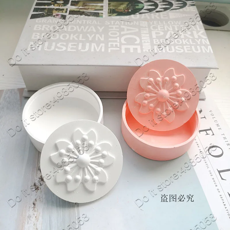 Round Jewelry Box Plaster Gypsum Silicone Mold Sakura Flower Storage Box Concrete Molds Cement Clay Craft Mould