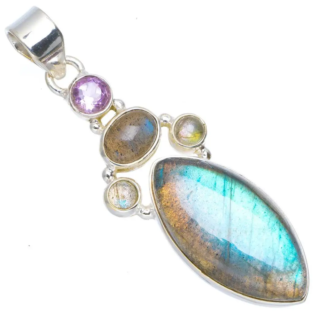 

Natural Blue Fire Labradorite and Amethyst Handmade Unique 925 Sterling Silver Pendant 2.25" A0179
