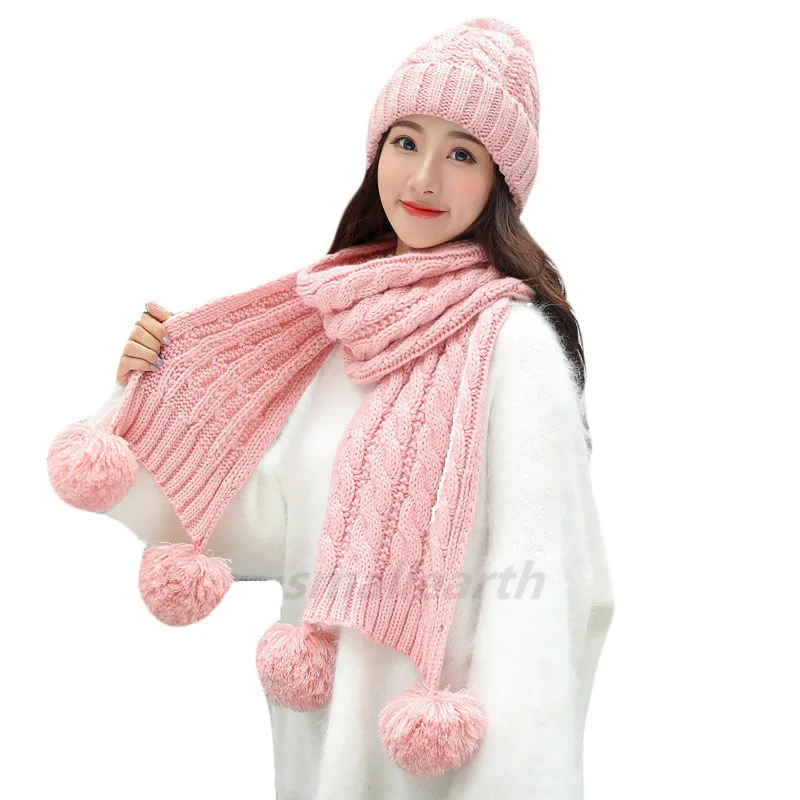 Комплект из 2 предметов, новая зимняя шапка с помпоном и шарф, набор для женщин и девочек, хлопковые теплые шапки, женские зимние повседневные однотонные вязаные шапки - Цвет: pink